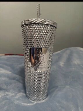 Disney Silver Studded Tumbler with Mickey Emblem and Straw